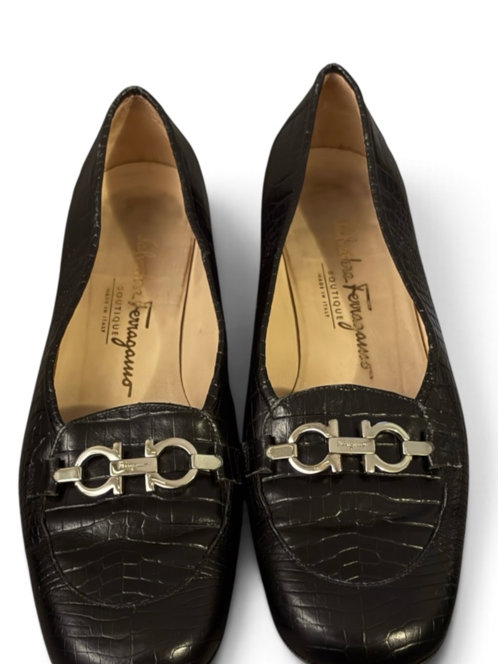 Salvatore Ferragamo Black Croc-Embossed Leather Loafers with Silver Gancini